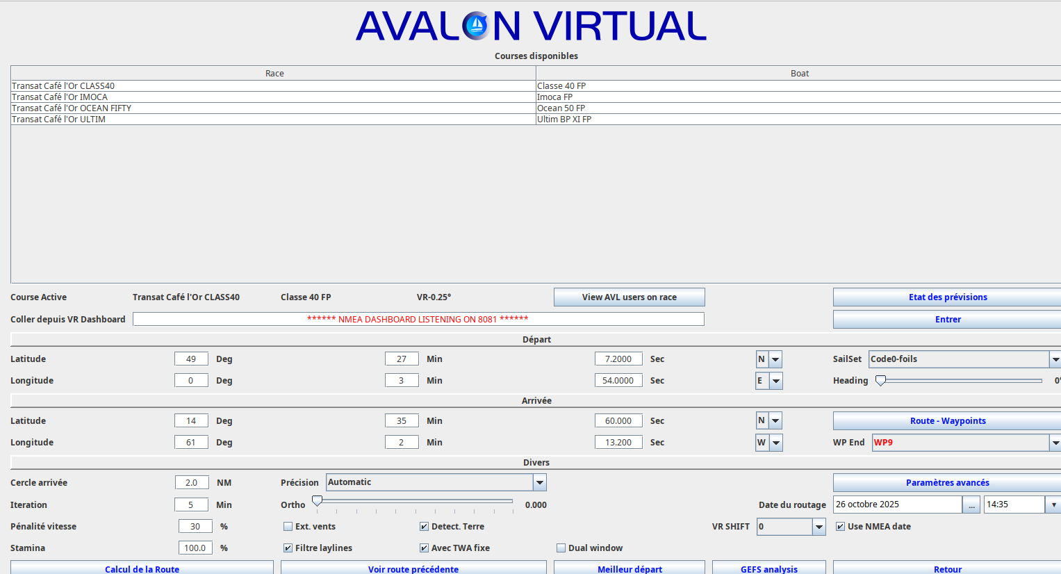 Interface principale AVALON avec paramètres recommandés
